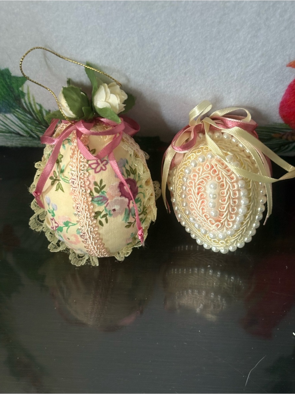 Vintage-Style Cream Floral Ornaments with Ribbon